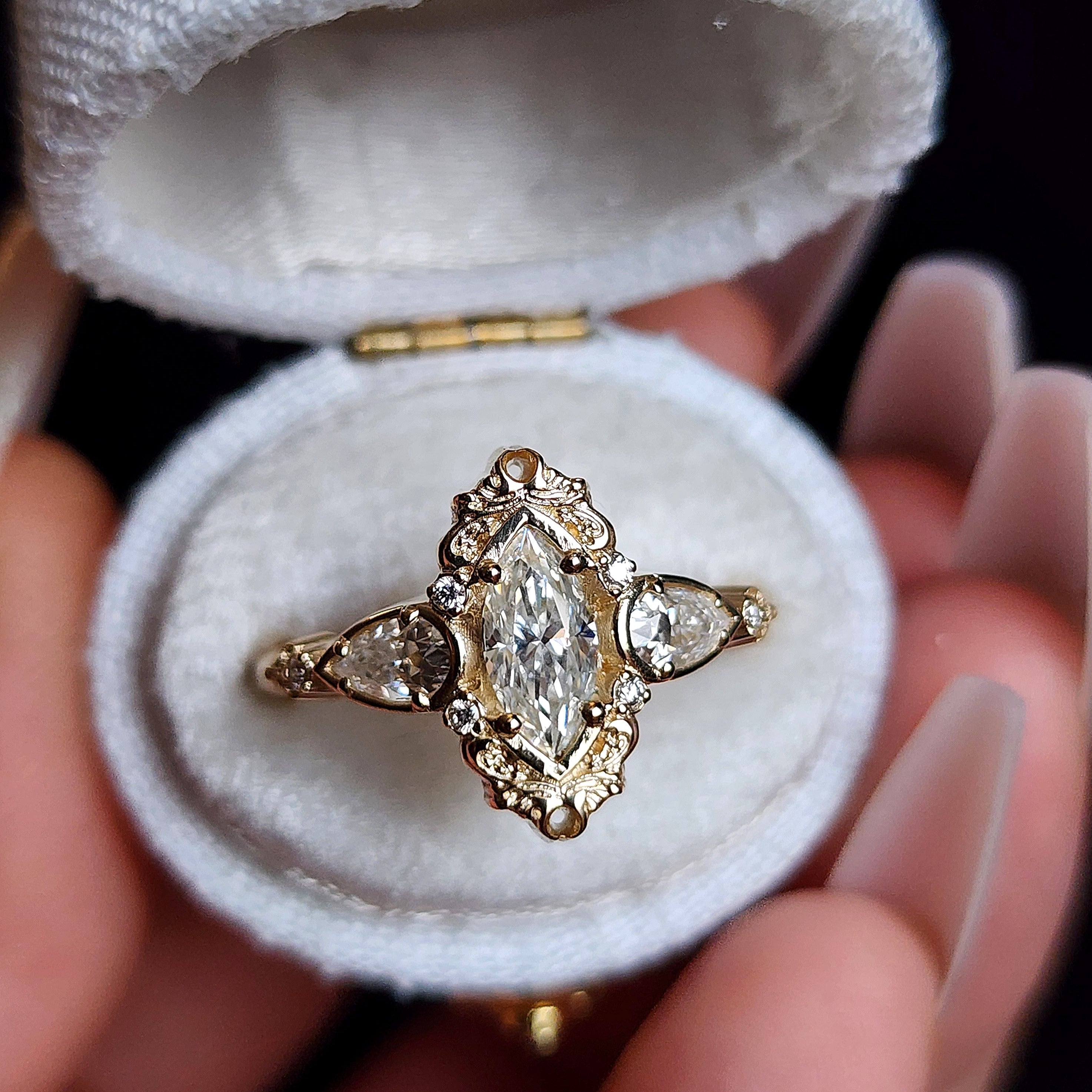 Odette Marquise Cut Diamond Engagement Ring with Pear Side Stones - Elegant Wedding Band for Proposals & Anniversaries - Perfect for Romantic Occasions & Special Celebrations