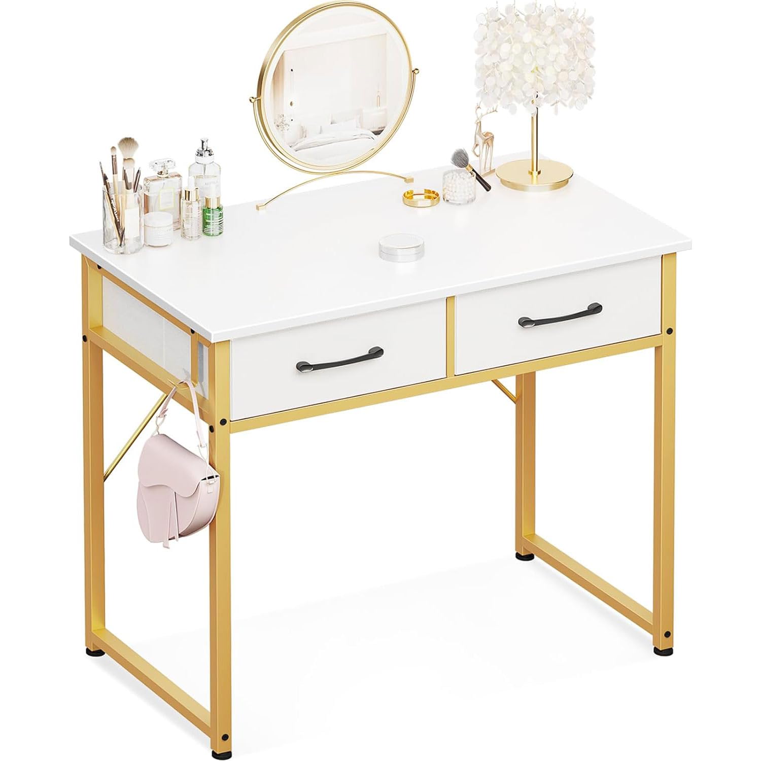 32 Inch White and Gold Makeup Vanity Desk with 2 Fabric Drawers & Versatile Hook - Small Dressing Table for Bedroom, Girls Makeup Desk (No Mirror Included) | Perfect for Cosmetics Storage, Beauty Routine & Small Space Organization