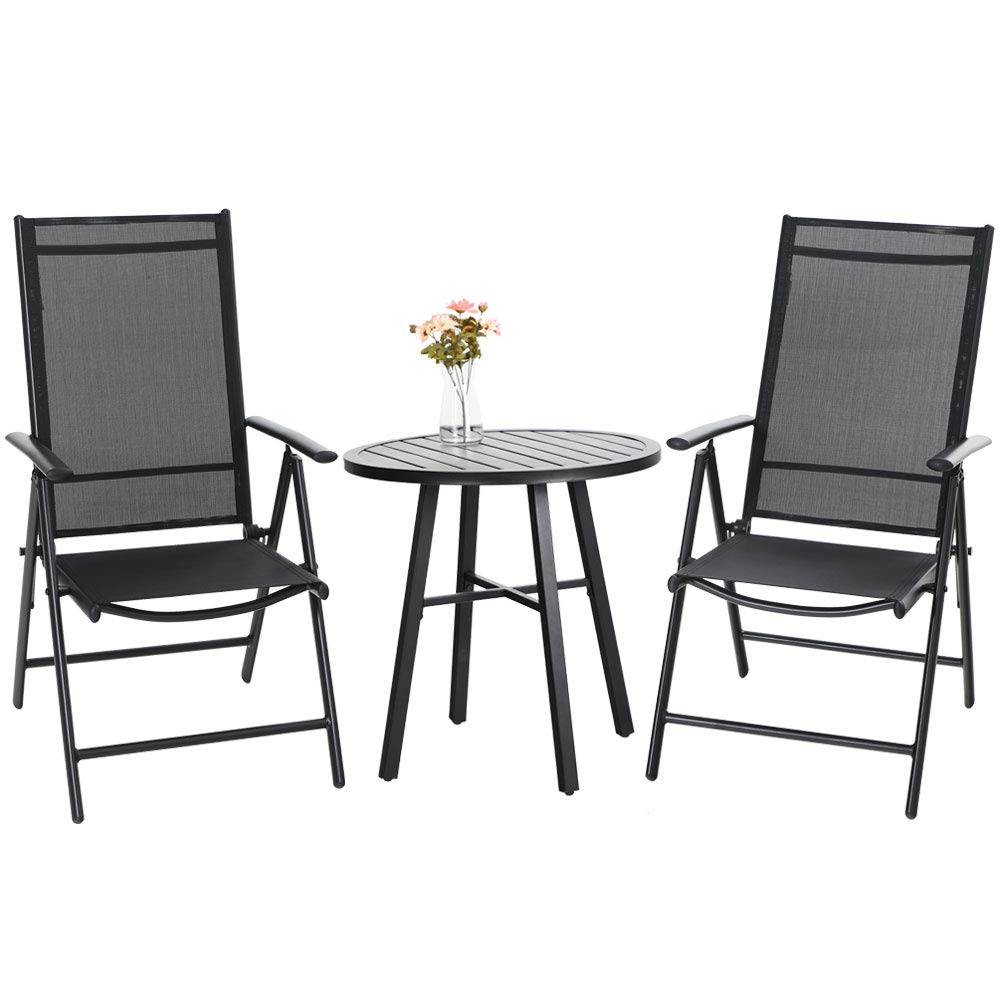 PHI VILLA 3-Piece Patio Bistro Set - 2 Reclining Folding Sling Chairs & 1 Round Metal Side Table - Outdoor Garden Furniture for Balcony, Deck, Poolside or Backyard Relaxation