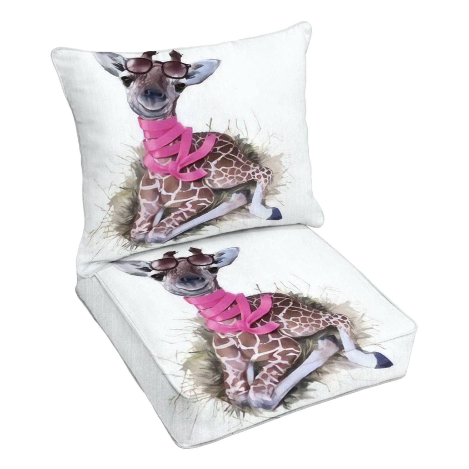 Premium Outdoor Deep Seating Cushion Set with Giraffe Print - Watercolor Glasses & Scarf Design - Durable Patio Furniture Replacement Cushions for Lounge Chairs - Perfect for Backyard, Poolside & Conversation Areas