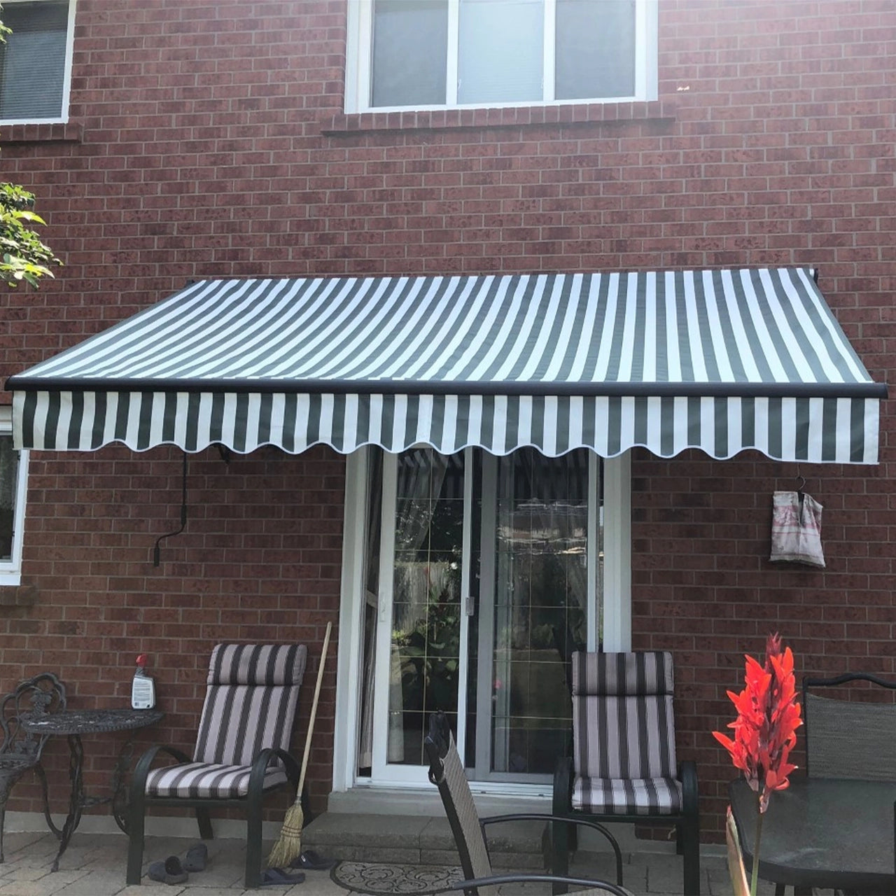 Aleko 13x10 Feet Motorized Retractable Patio Awning - Black Frame with Gray & White Stripes | Outdoor Shade Solution for Deck, Backyard & Poolside Relaxation