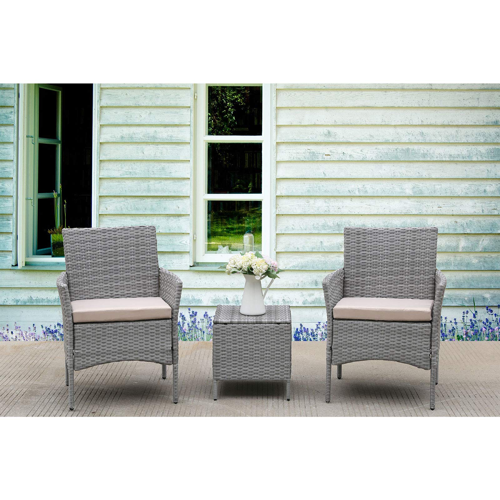 3-Piece Patio Furniture Set - PE Wicker Rattan Table and Chairs with Cushions, Outdoor Conversation Set for Garden, Backyard, Poolside (Light Grey) | Perfect for Relaxing, Entertaining Guests, and Enjoying Outdoor Living Spaces