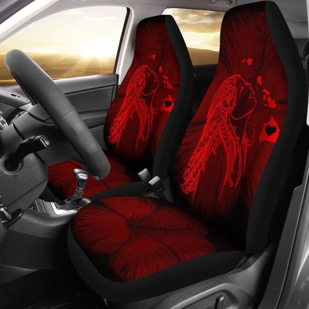 Premium Alohawaii Car Seat Covers - Hawaiian Hula Girl & Hibiscus Floral Design with Island Map in Vibrant Red (232125) - Perfect for Beach Trips, Summer Road Travel & Tropical-Themed Vehicle Decor