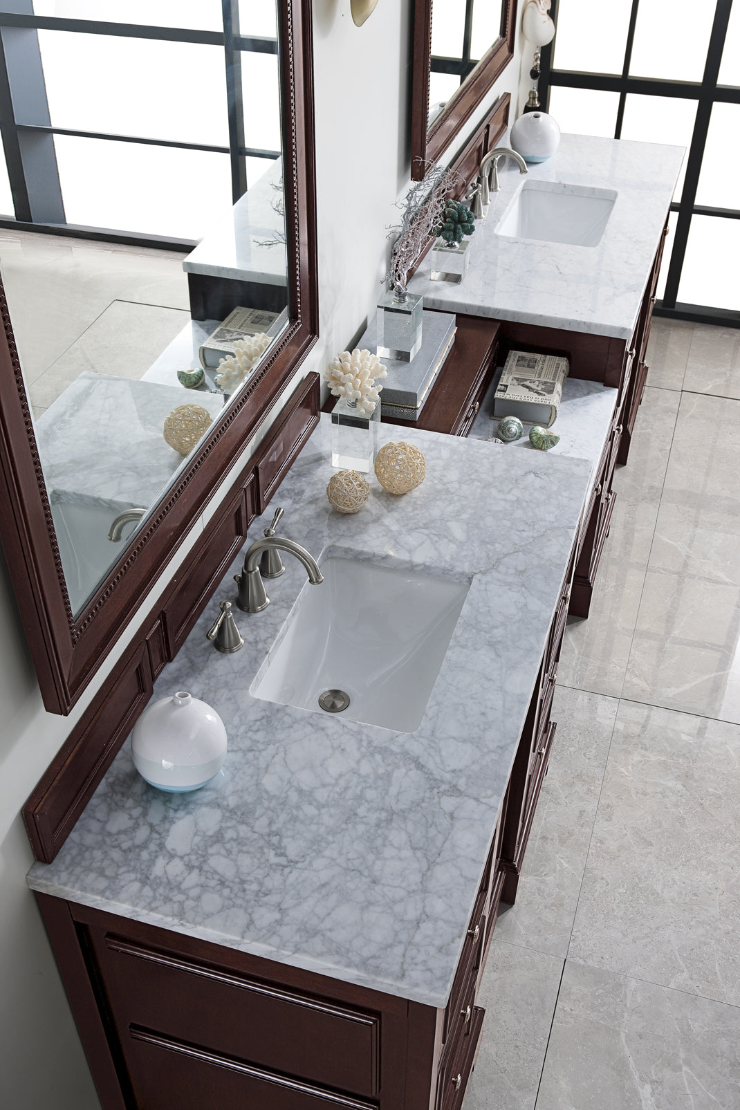 De Soto 118 Double Vanity Set with Makeup Table - Burnished Mahogany Finish & 3CM Carrara Marble Top | Elegant Bathroom Vanity for Master Suite & Luxury Home Decor