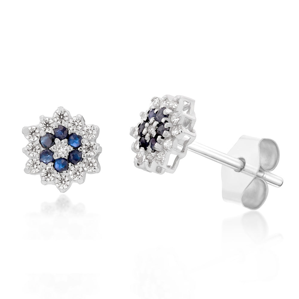 9ct White Gold Natural Sapphire & Zirconia Flower Stud Earrings for Women - Elegant Floral Jewelry Gift for Birthday, Anniversary & Special Occasions