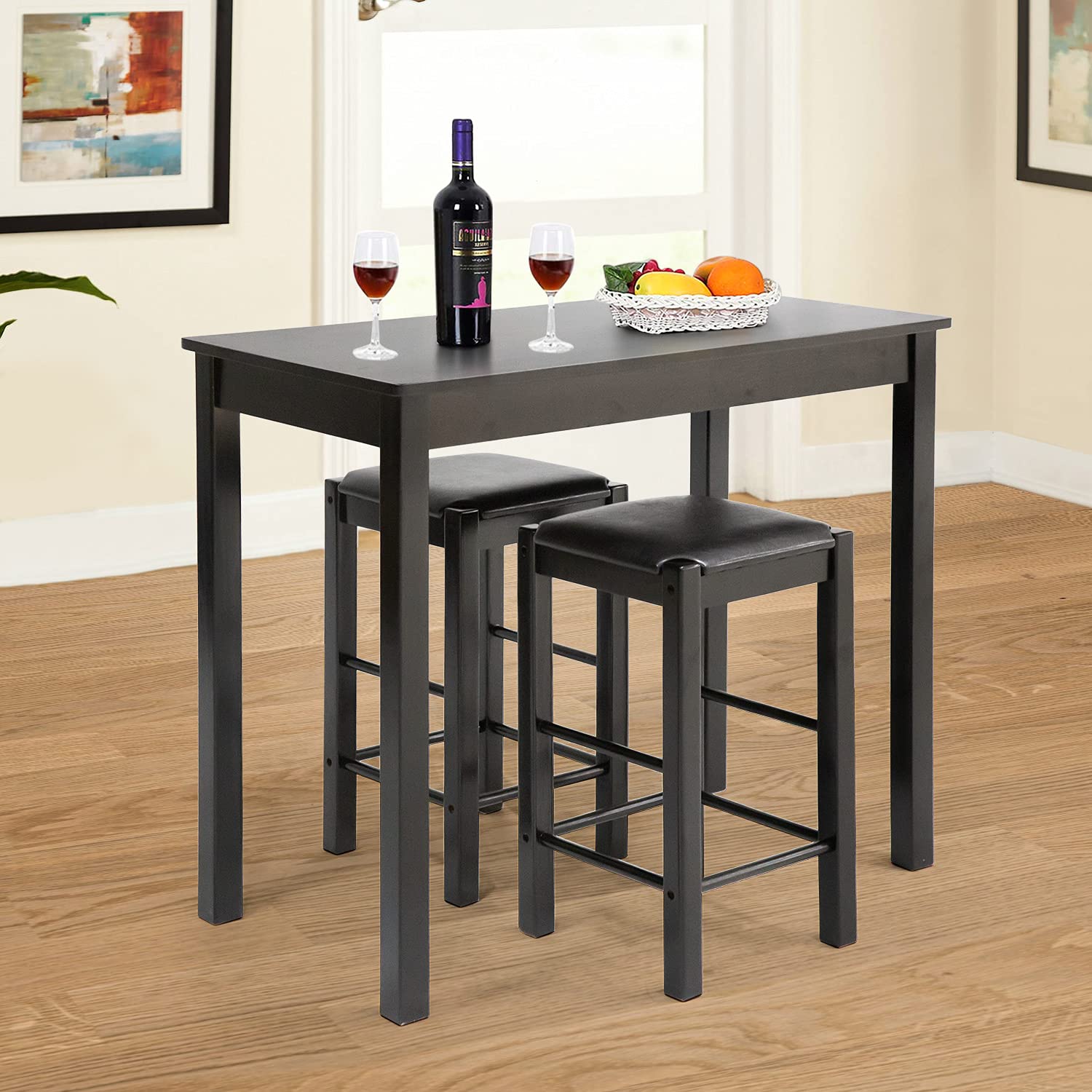 42 Inch Modern Dining Table Set with 2 Bar Stools - 3-Piece Solid Wood Rectangular Kitchen Table & Faux Leather Chairs for Breakfast Nook, Small Space - Brown - Perfect for Apartments, Condos and Cozy Dining Areas