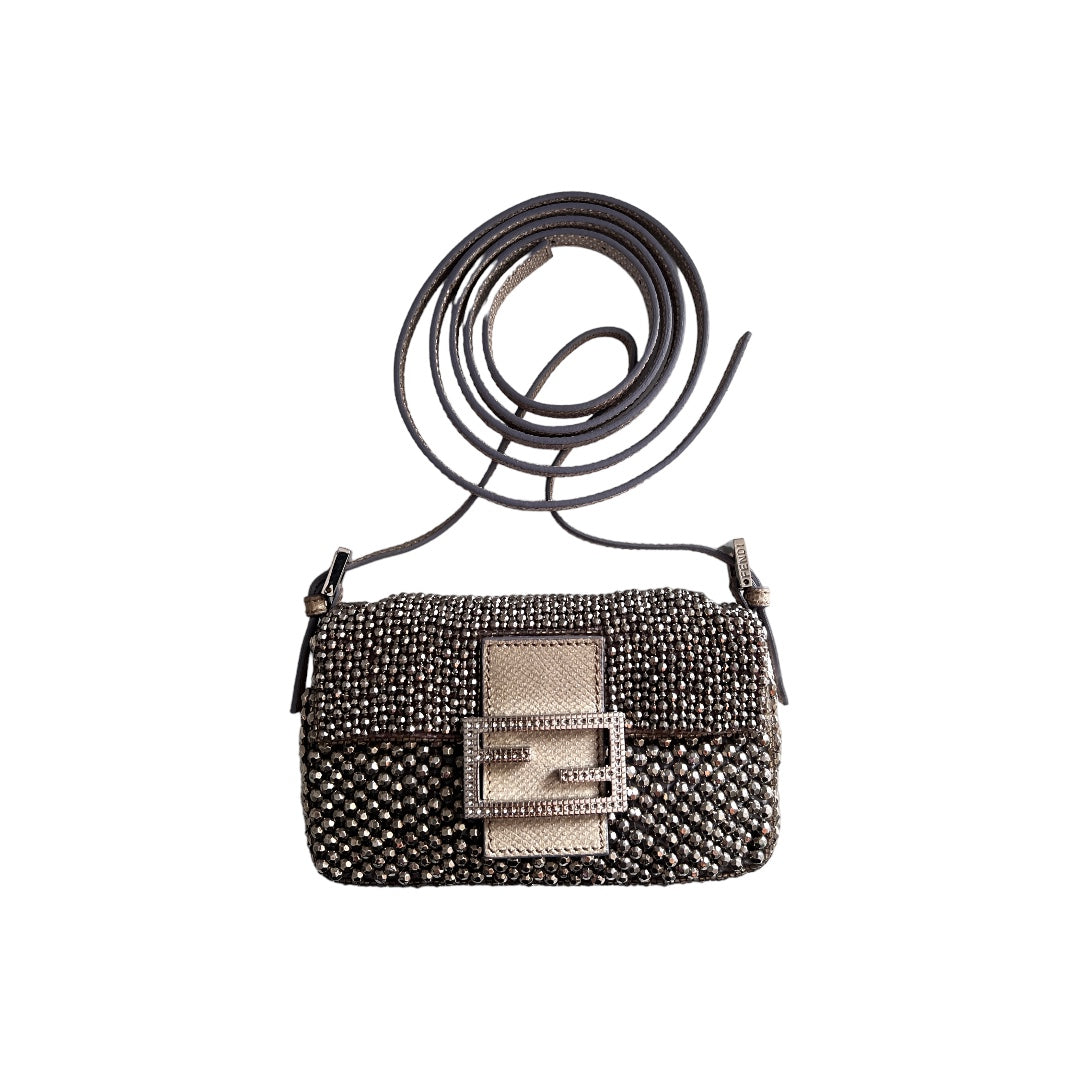 Fendi Silver Beaded Mini Baguette Bag - 3-Way Crossbody Shoulder Clutch Purse for Women | Perfect for Parties, Date Nights & Special Occasions