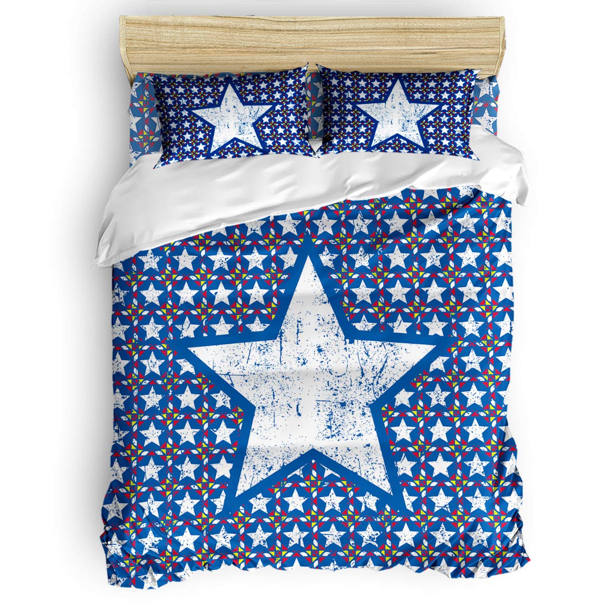 Premium Twin Duvet Cover Set - 4 Piece Bedding Set with Classic Five Star Pattern, Includes 1 Duvet Cover, 1 Fitted Sheet & 2 Pillowcases - Soft Luxury Bed Sheets for Guest Room, Dorm or Master Bedroom Decor