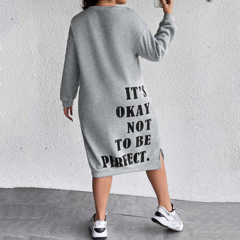 Stylish Letter Print Long Sleeve Hoodie Dress for Women - Casual Straight Fit Pullover Tunic Sweatshirt | Perfect for Streetwear, Loungewear & Fall Fashion Outfits