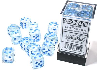 Borealis 16mm d6 Icicle Light Blue Luminary Dice Set (12 Dice) - Perfect for D&D, RPG, and Tabletop Gaming