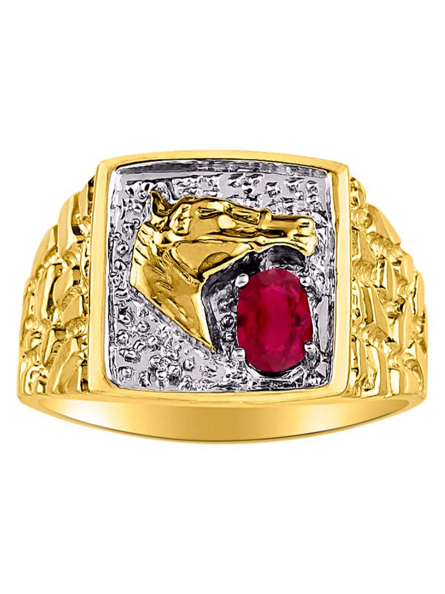 Men's Yellow Gold Plated Silver Ring with 6X4MM Oval Ruby Gemstone & Genuine Diamond - Lucky Nugget Horse Head Design - July Birthstone Ring for Men - Size 8-13 - Perfect for Gifts, Weddings & Special Occasions