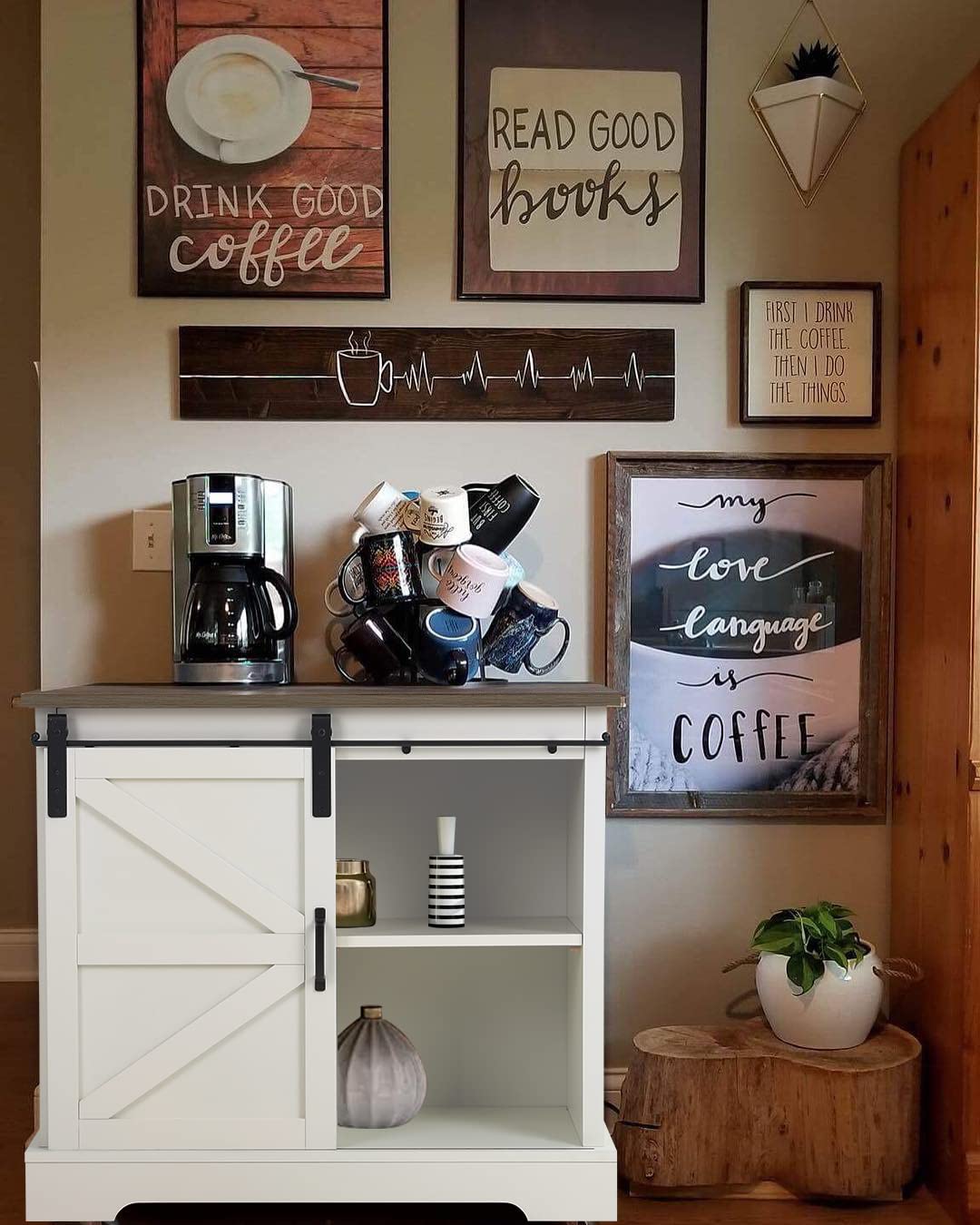 Farmhouse Coffee Bar Cabinet with Sliding Barn Door - 32 Inch Buffet Storage Cabinet for Entryway, Living Room, Kitchen & Bathroom - Ivory Home Organizer for Coffee Station & Dining Essentials