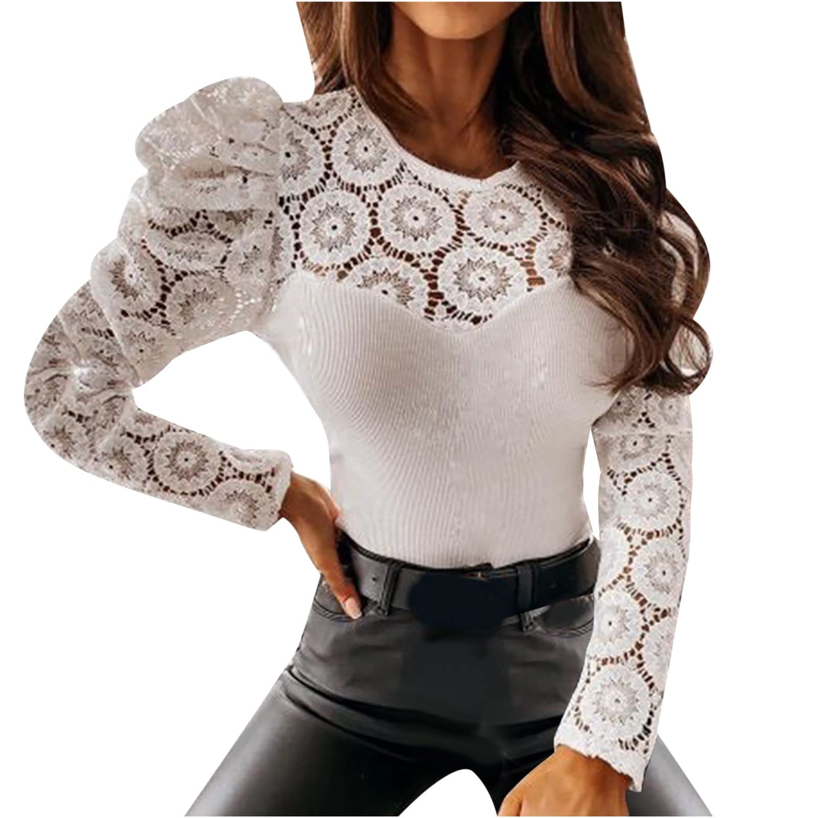 Elegant Women's Winter Long Sleeve Lace Blouse - Slim Fit Casual Knit Pullover Top with Hollow-Out Design for Office, Party & Holiday Outfits