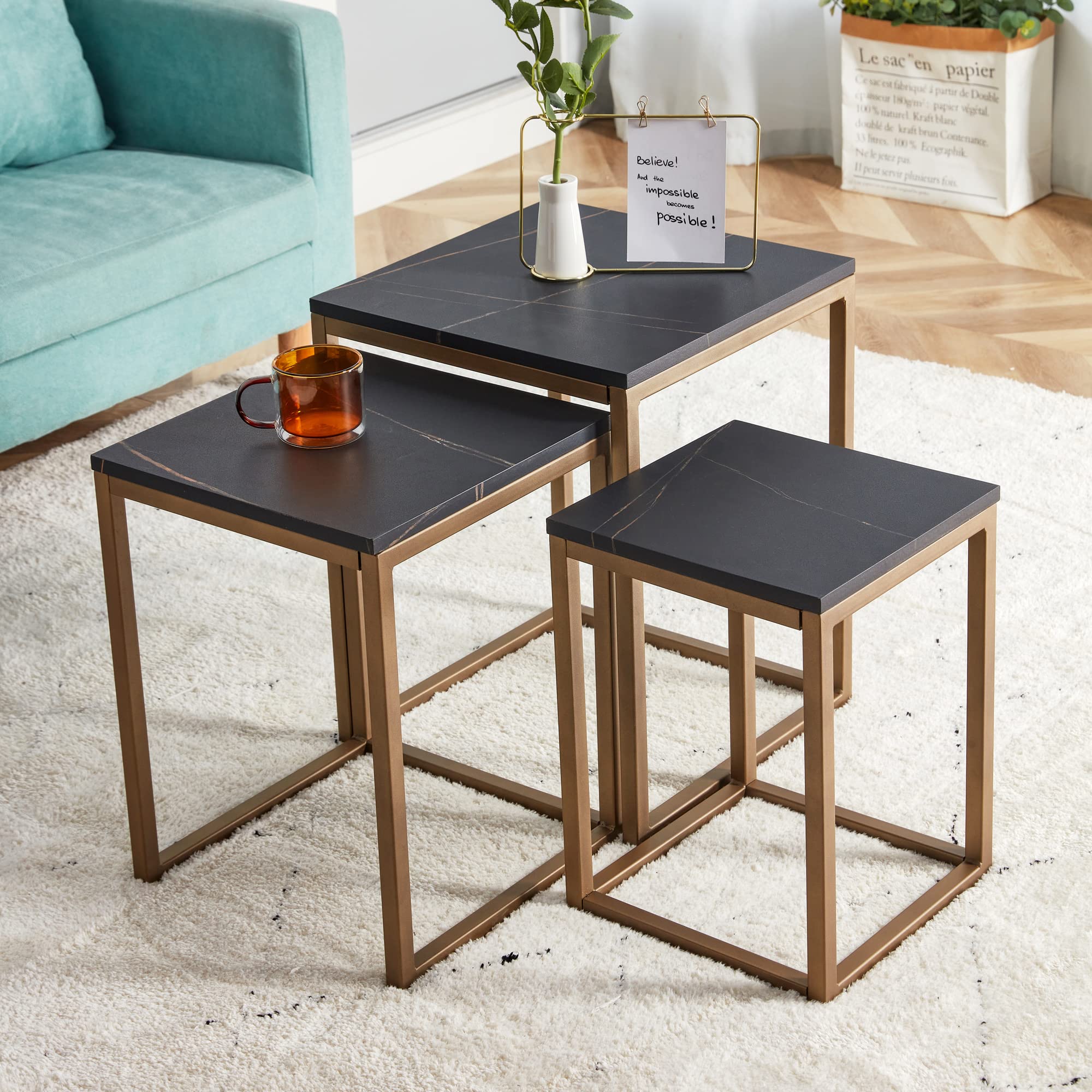 3-Piece Nesting Coffee Table Set with Faux Marble Top & Metal Wood Frame - Rustic Stacking Side Tables for Living Room, Bedroom, or Office Decor