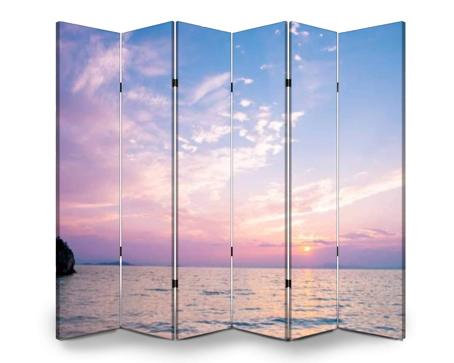 APED DECOR 6-Panel Wooden Room Divider - Purple Sunset Over Ocean Canvas Folding Screen, Privacy Partition & Wall Decor for Living Room, Bedroom, Office | Dual-Sided Design with Display Shelves