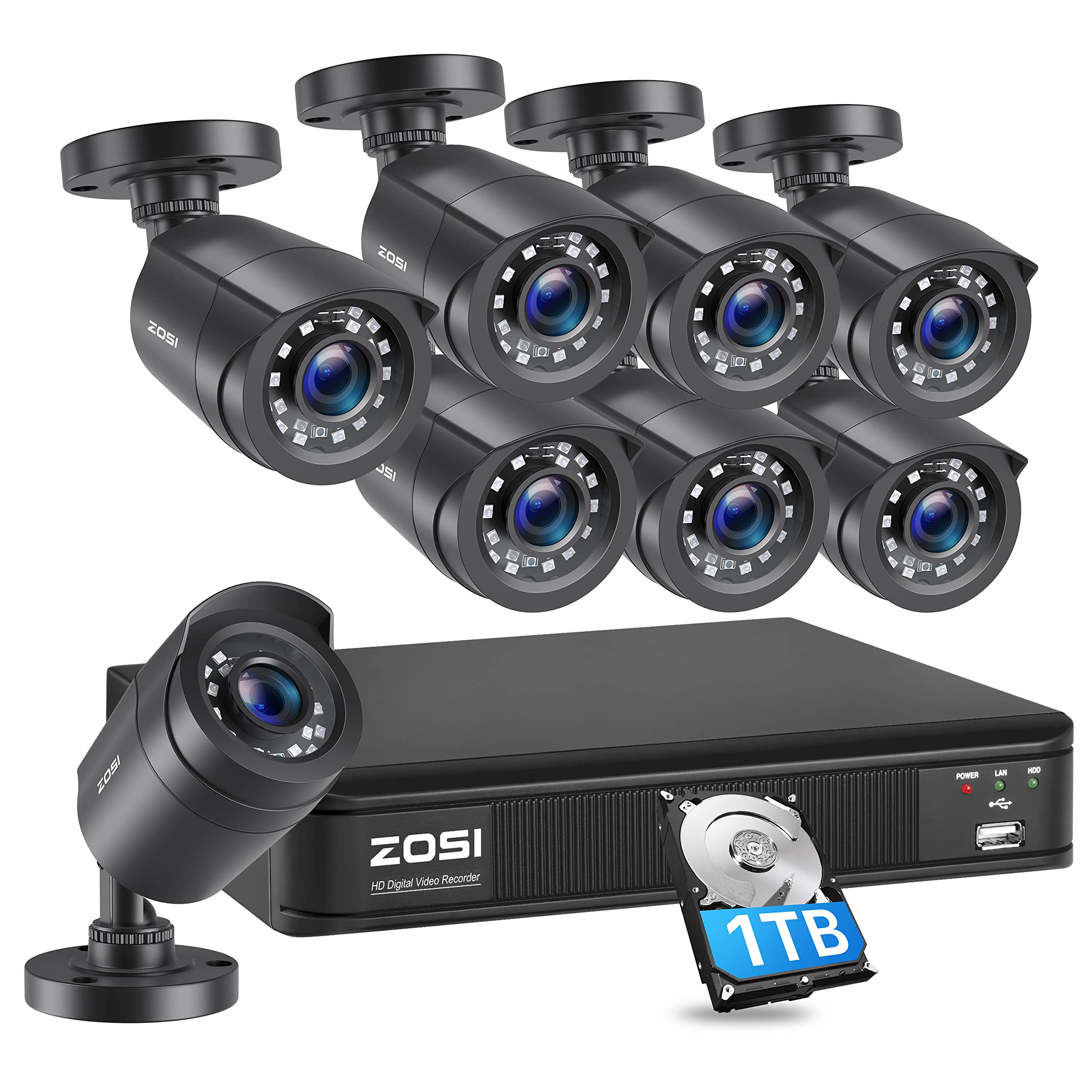 ZOSI 5MP Outdoor Security Camera System with 8 Channel H.265+ DVR, 1TB Hard Drive & 8 x 1080p Bullet Cameras - 80ft Night Vision, Motion Detection for Home & Business Surveillance (Ideal for Backyard, Garage & Property Monitoring)