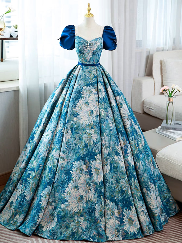Elegant A-Line Puff Sleeve Satin Blue Long Prom Dress | Formal Evening Gown for Women | Perfect for Homecoming, Ball, and Special Occasions