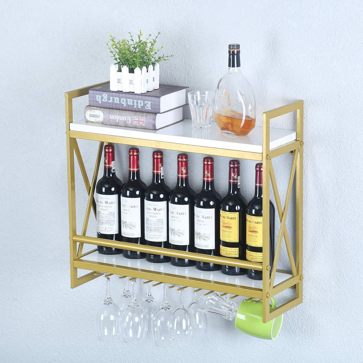 Modern 2-Tier Wall Mounted Wine Rack - Industrial Metal Hanging Shelf with 7 Stemware Holders & Wooden Display Shelf (60cm, Gold) - Perfect for Kitchen, Dining Room & Home Bar Decor