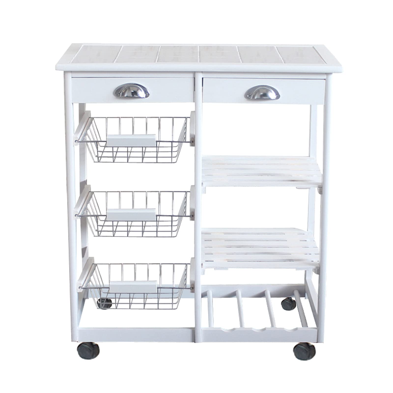 2-Drawer Rolling Kitchen Cart with Removable Storage Rack - Solid Wood Folding Utility Island with Heavy Duty Shelves - Perfect for Small Kitchens, Dining Rooms & Home Organization (White)