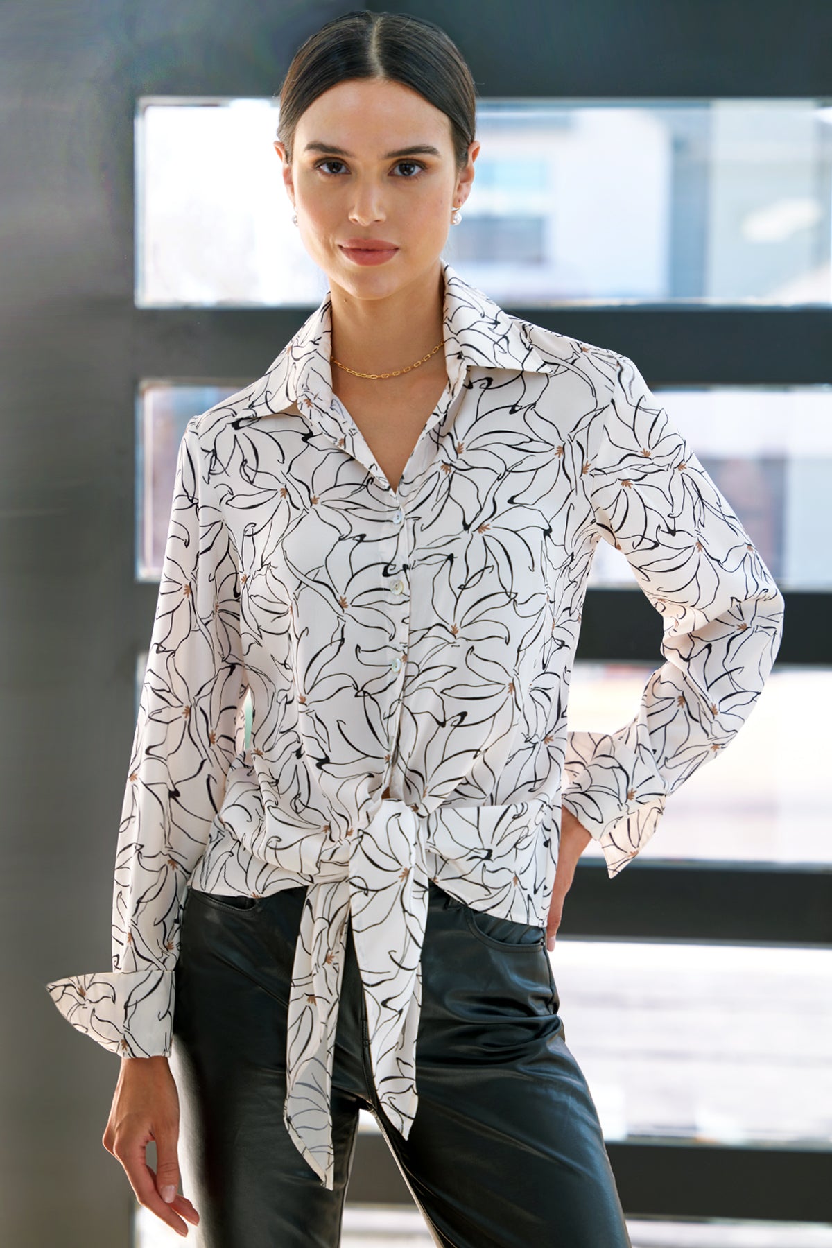 Lindy Tie Front Top - Floral Dancing Lilies Print Women's Blouse for Casual Wear & Summer Outfits