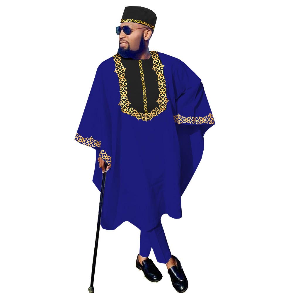 African Men's Dashiki Outfits - 3 Piece Agbada Suit with Ankara Pants & Tribal Hat for Weddings & Evening Events | Traditional Ethnic Wear for Special Occasions