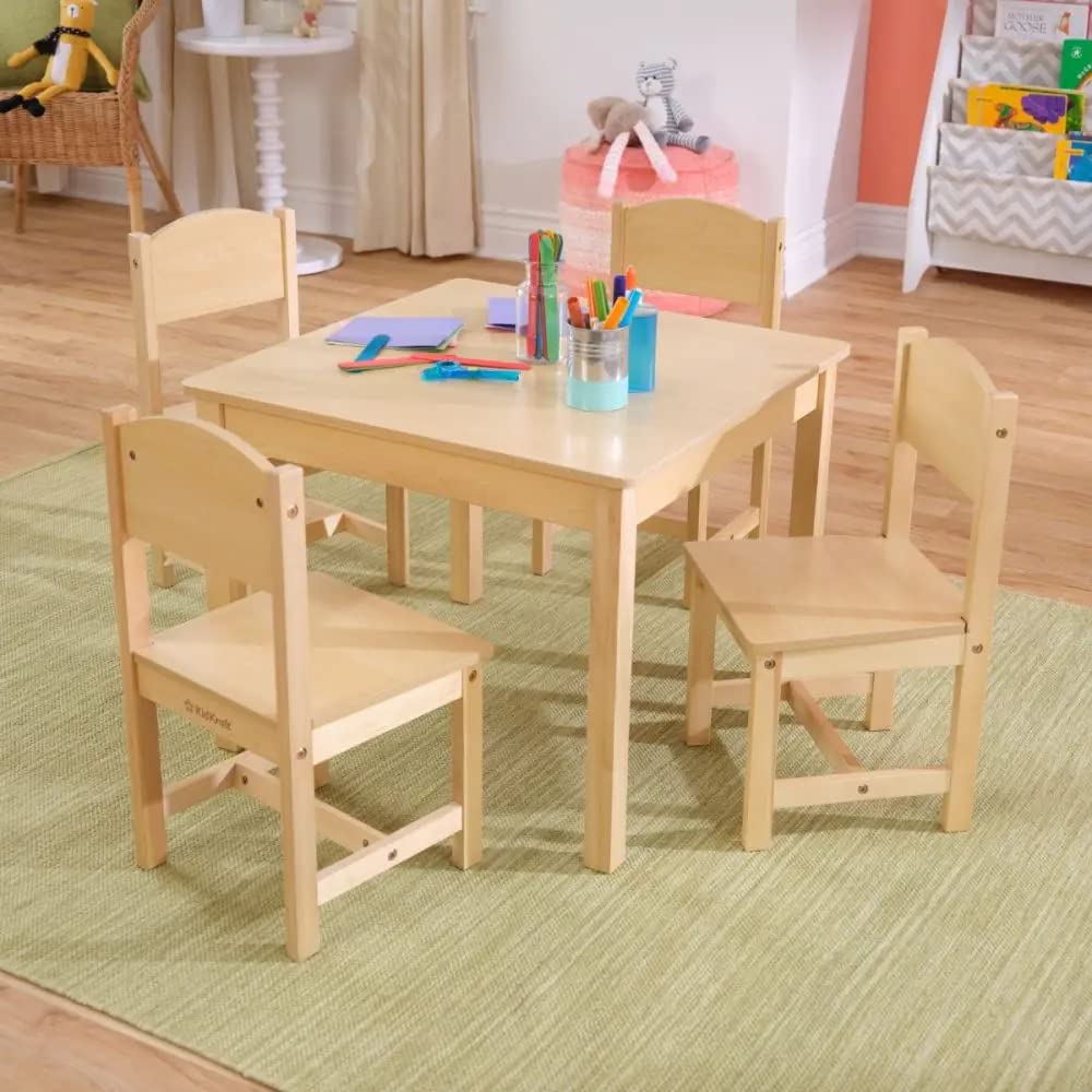 KidKraft Wooden Farmhouse Table and Chairs Set - Natural Wood Kids Play Table with 4 Chairs for Arts, Crafts & Activities | Perfect Playroom Furniture for Toddlers Ages 3-8 | Birthday Gift & Pretend Play Kitchen Set for Preschoolers