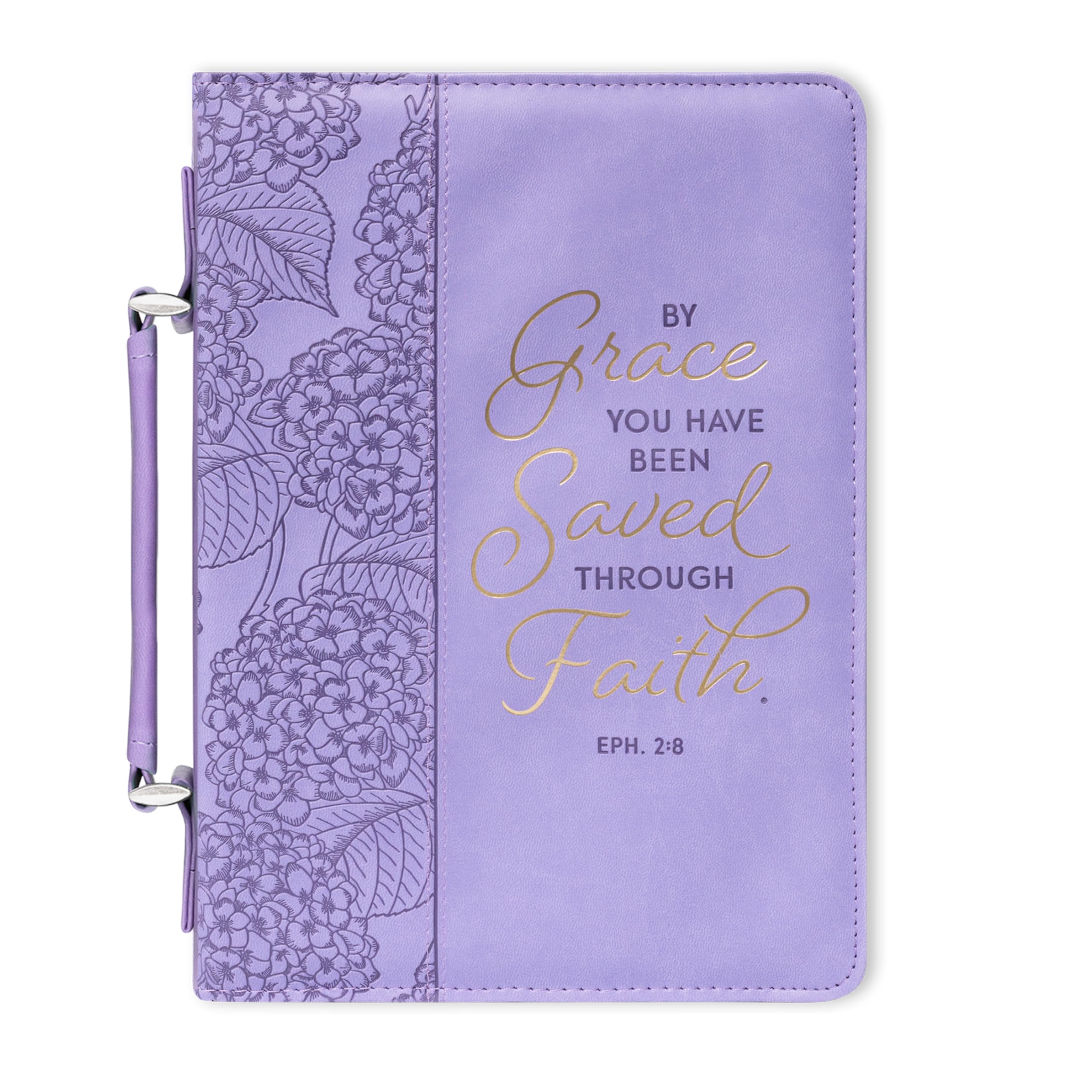 Women's Faux Leather Bible Cover - Ephesians 2:8 Inspirational Verse, Hydrangea Purple for Church & Daily Use
