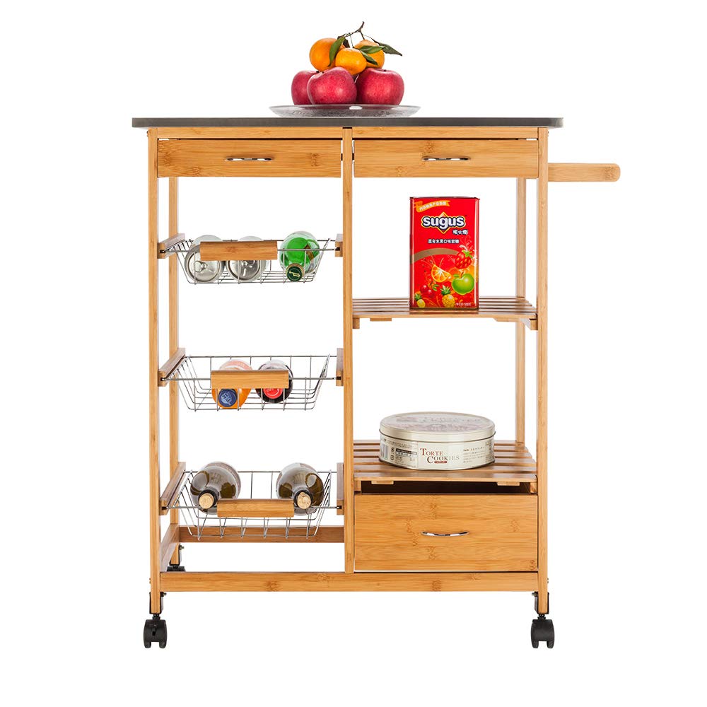 Stainless Steel Kitchen Cart with Wheels - Wooden Mobile Kitchen Island with Storage Drawers & Baskets - Perfect for Small Spaces, Dining Stand, and Countertop Organization