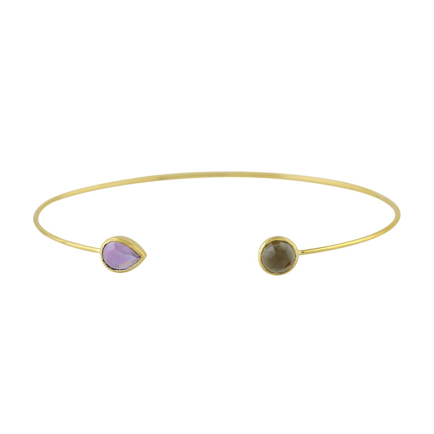 Bezel Set Quartz Smoky & Amethyst Solid Gold Cuff Bracelet for Women - Elegant Jewelry Gift for Her, Perfect for Weddings, Anniversaries & Special Occasions