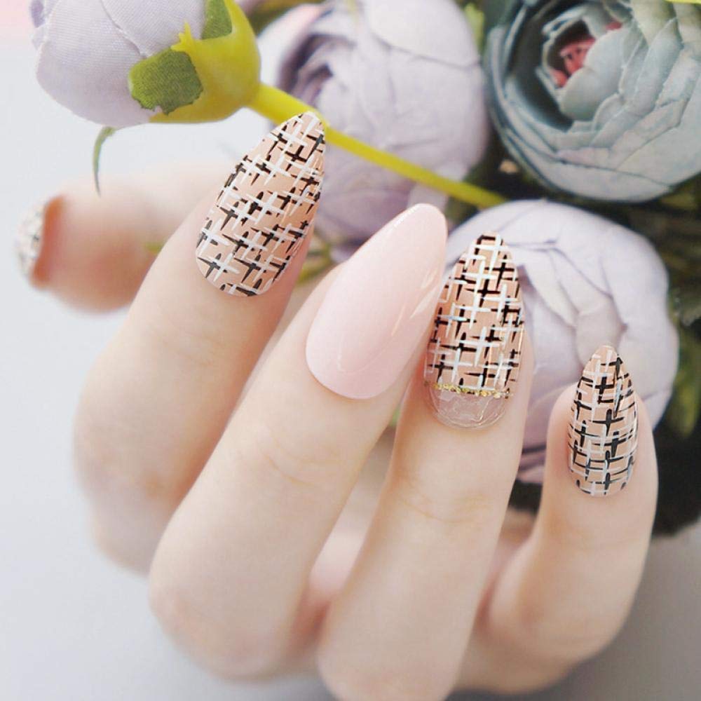 Elegant Short High Heel False Nails - Light Pink Acrylic Fake Nails with Khaki Mesh Design | Full Coverage Nail Tips for Manicure | Perfect for Parties, Weddings & Daily Wear