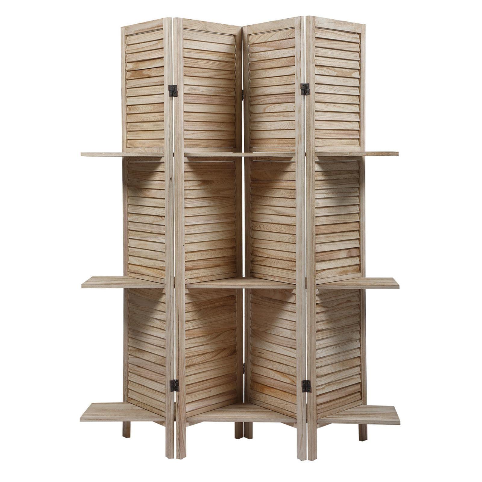 YesMYA Sycamore Wood 4-Panel Folding Room Divider with Adjustable Louvered Blinds and Shelving - Privacy Screen for Home Office, Bedroom Partition, and Living Room Decor