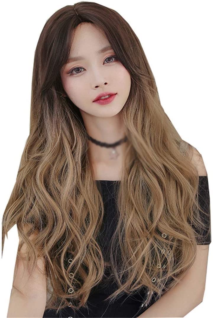 YCXF Long Curly Cosplay Wig for Women - Natural Gradient Brown Hair with Bangs, 65cm Full Headgear Student Wig - Perfect for Halloween, Cosplay Parties & Daily Fashion