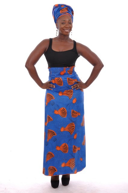 Vibrant Blue and Orange African Print Skirt DP3900 - Boho Chic Wrap Skirt for Women, Perfect for Beach Vacations, Festivals & Summer Outfits
