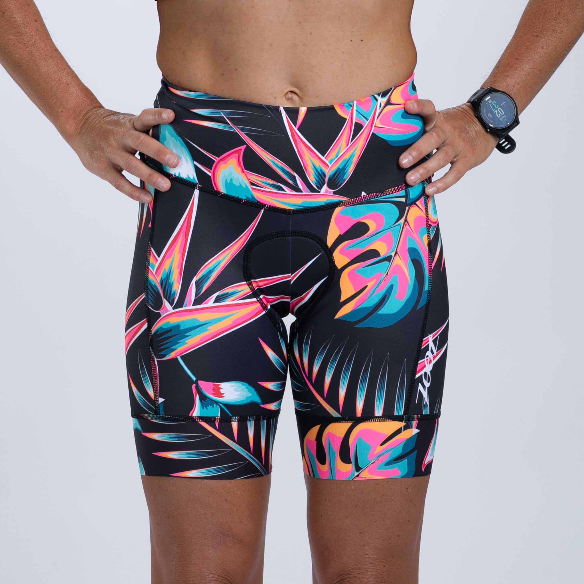 Women's High Waist Cycling Shorts - Koa Tropical Print - Moisture Wicking & Breathable for Workouts, Biking & Outdoor Activities