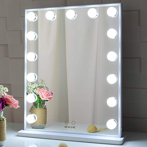 BEAUTME Hollywood Vanity Mirror with Lights - 15 Dimmable LED Bulbs, Touch Control, Wall Mountable Makeup Mirror for Bedroom & Bathroom | Perfect for Makeup Application, Skincare Routine and Dressing Table Decor (White)