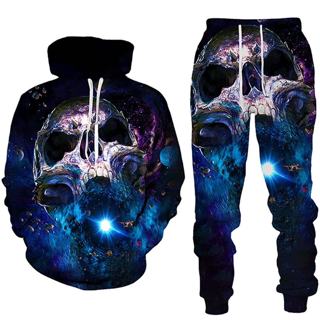 3D Printed Skull Tracksuit Set - Unisex Gothic Hoodie & Pants for Men & Women | Halloween Costume, Streetwear, Gym Workout Outfit