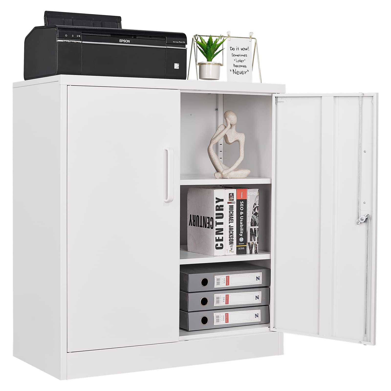 Lockable Metal Storage Cabinet - Heavy Duty Steel File Cabinet with Doors & 2 Adjustable Shelves for Office, Home, Garage - Large Capacity Storage Solution for Documents, Tools & Supplies
