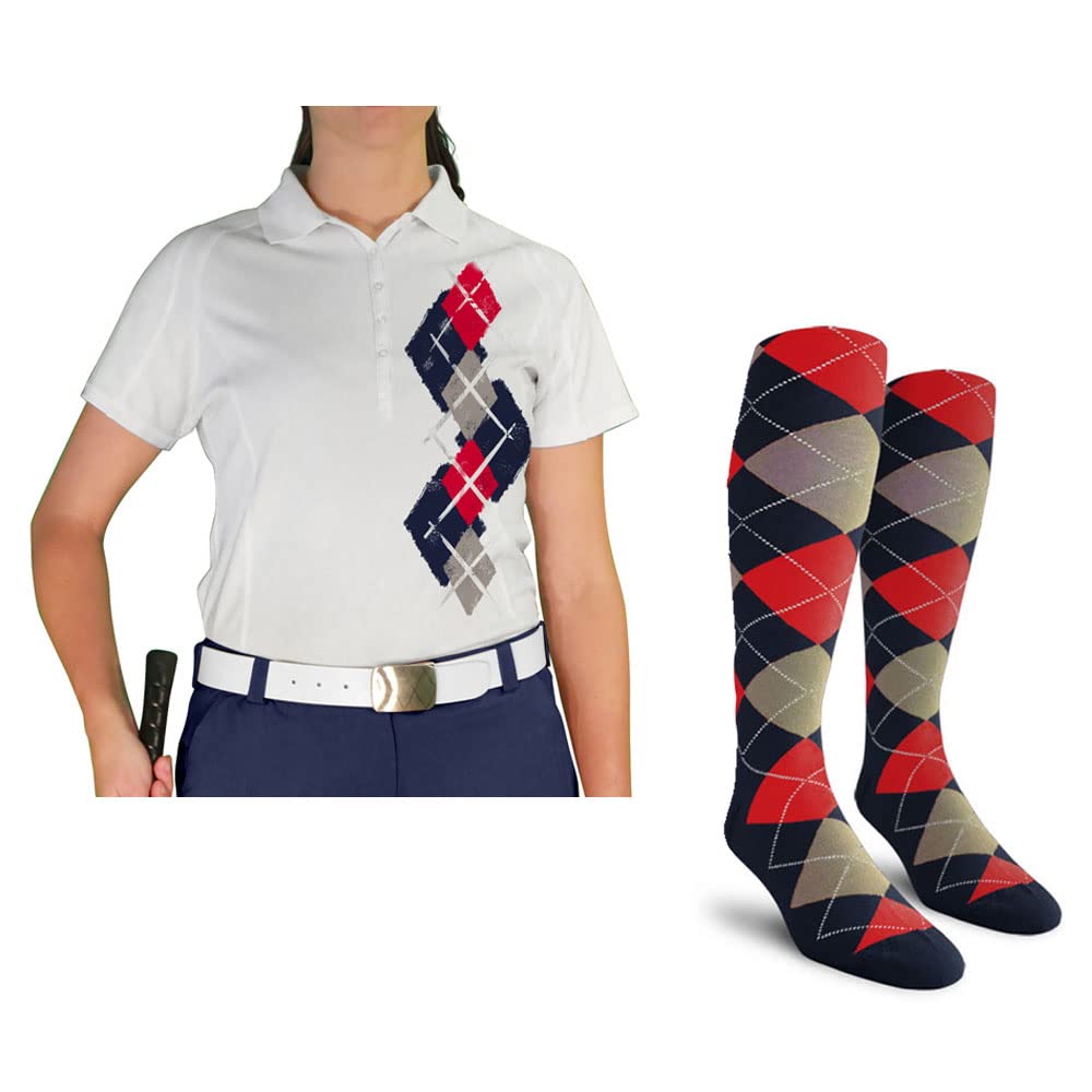 Dry Fit Short Sleeve Graphic Golf Polo Shirt with Socks for Women - Argyle Paradise (A-Z) | Moisture-Wicking Performance Top & Comfortable Socks | Perfect for Golf, Tennis & Casual Summer Outings