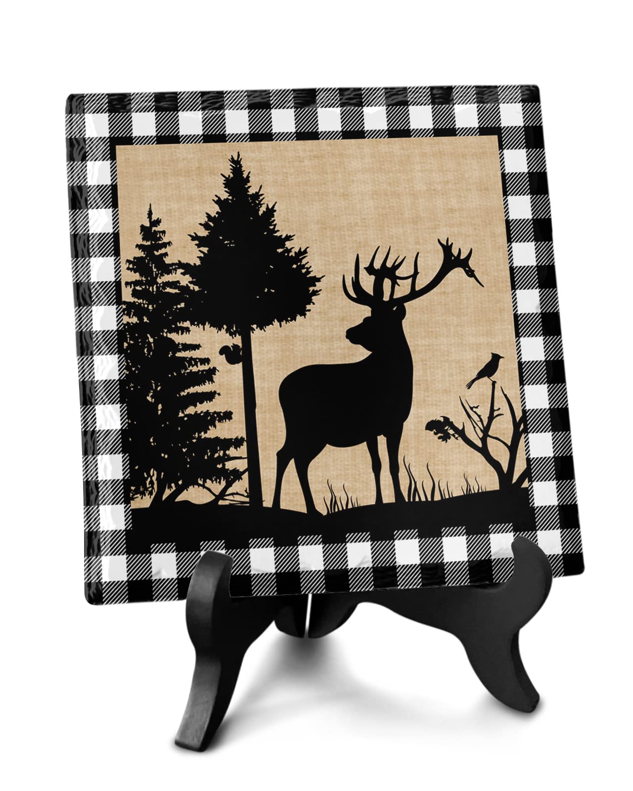 Farmhouse Christmas Tree Elk Ceramic Ornament - Black & White Buffalo Plaid DIY Picture Frame for Crafts, Newlyweds & Home Decor | Perfect for Xmas Gifts, Living Room Decor & Holiday Family Keepsakes