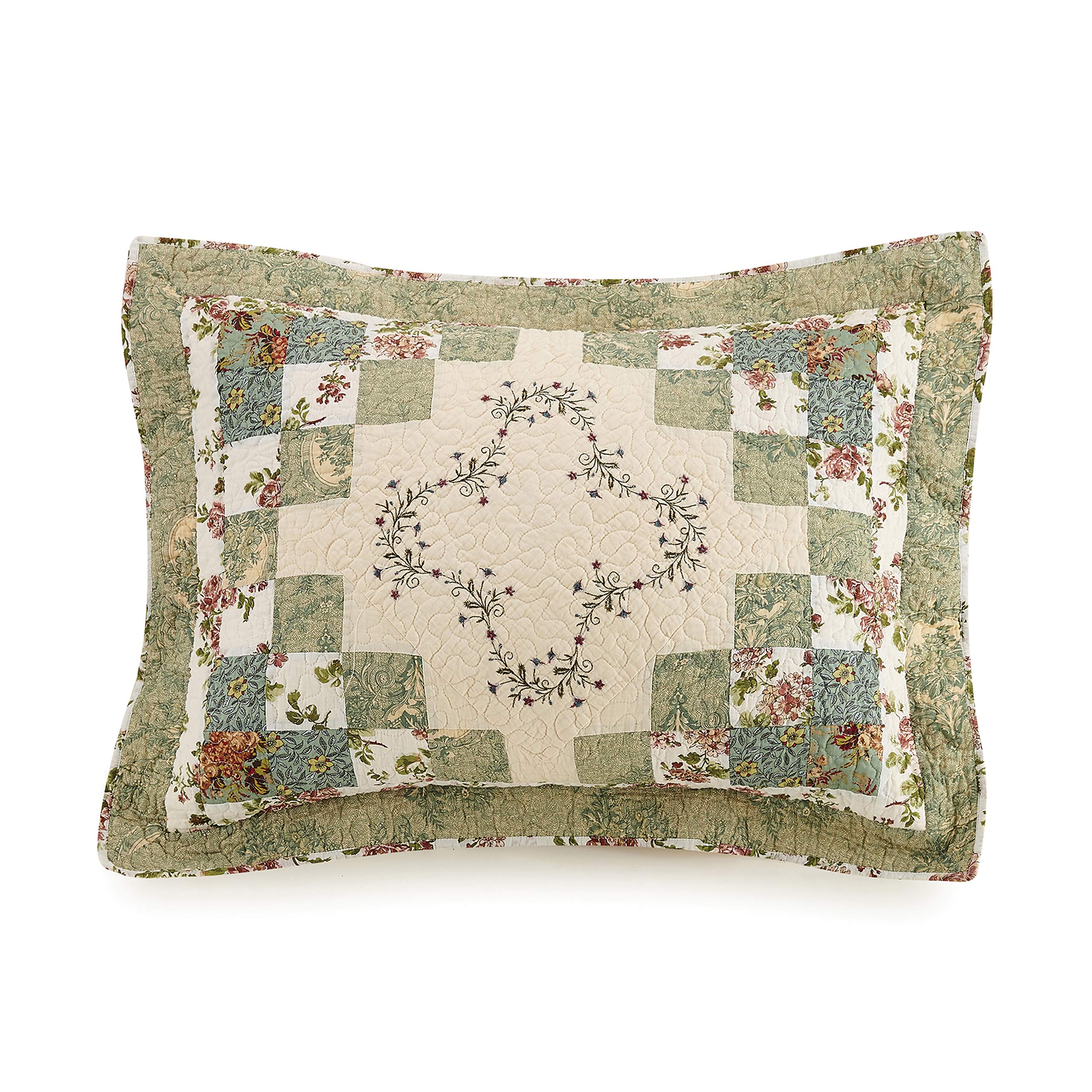 Olivia Embroidered Quilted King Size Pillow Sham - Green & Cream Design, Perfect for Master Bedroom or Guest Room Decor