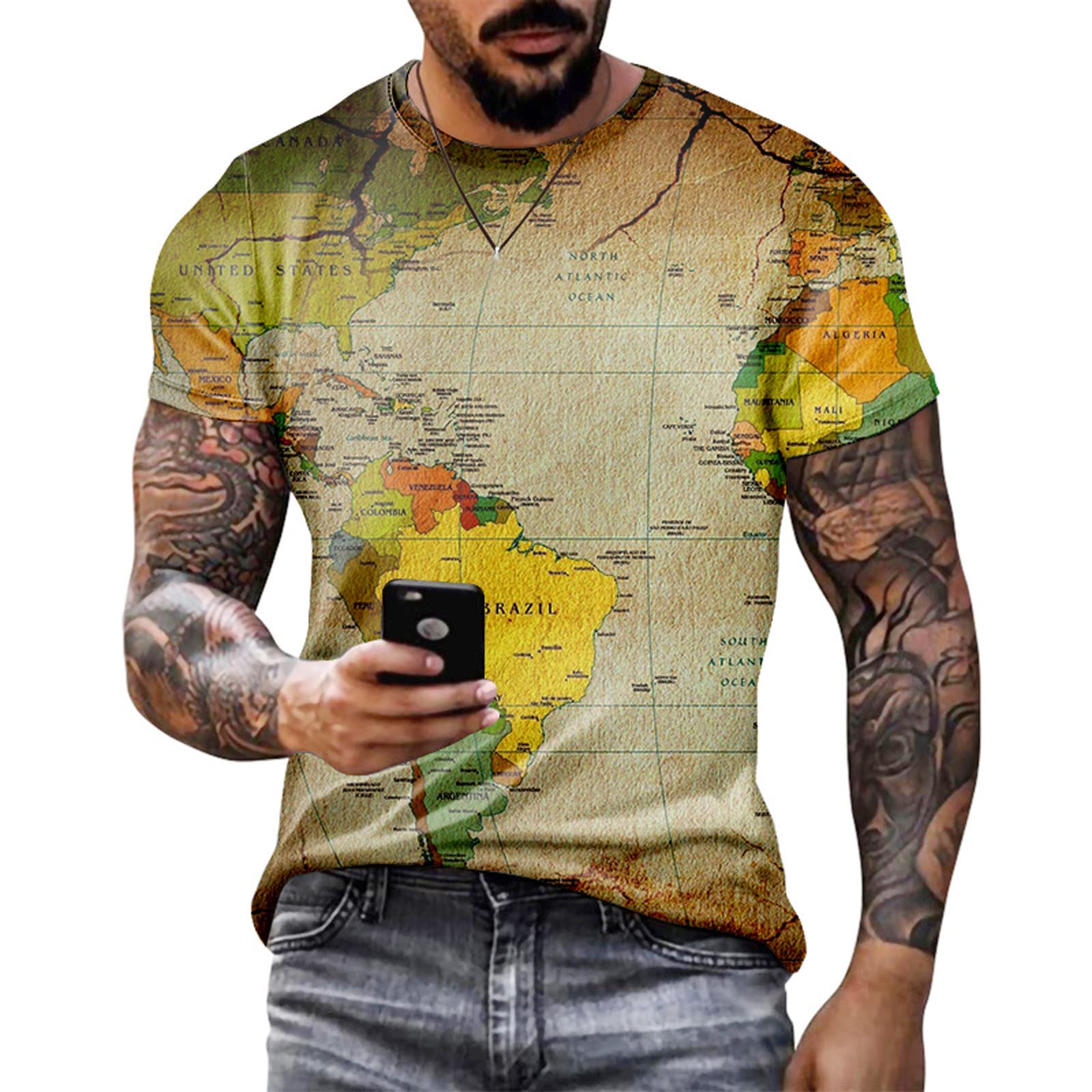 Men's Graphic T-Shirts - Hip Hop World Map Print Short Sleeve Tee | Slim Fit Casual Streetwear for Summer | Perfect for Concerts, Parties & Urban Fashion