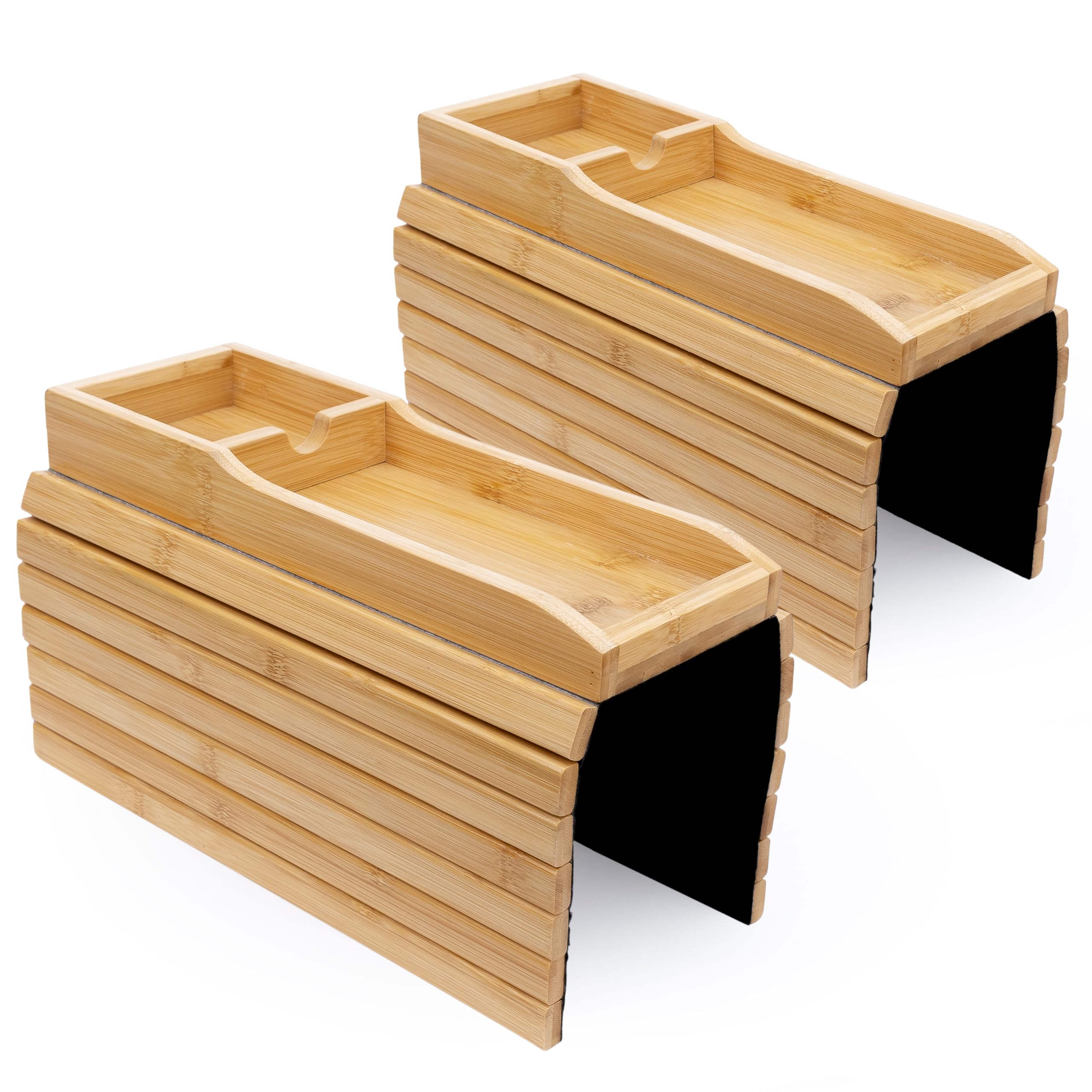 2-Pack Anti-Slip Bamboo Couch Cup Holder Tray - Foldable Sofa Arm Organizer for Drinks, Snacks, Remote & Phone - Easy Clean Couch Caddy for Movie Nights, Gaming & Relaxing in Living Room