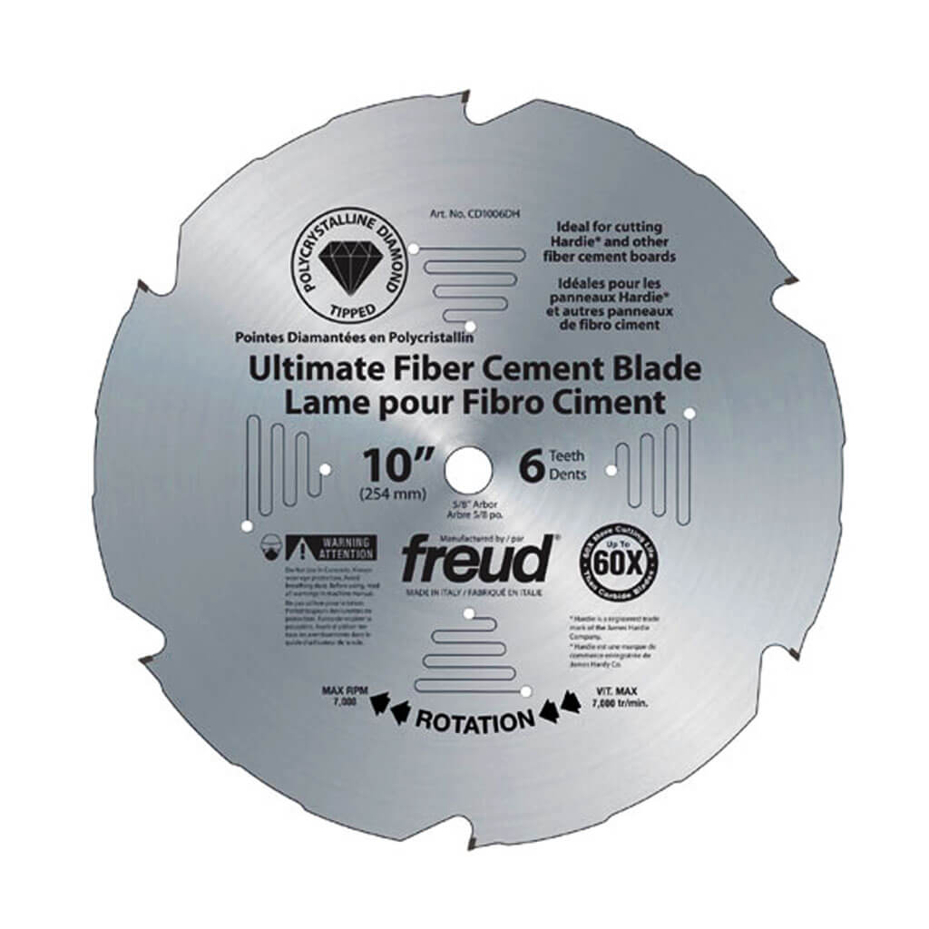 Freud D1006DHC 10-Inch 6-Tooth PCD Saw Blade for Fiber Cement & Hardie Board - Perfect for Cutting Cement Backer Board, Siding, and Roofing Tiles