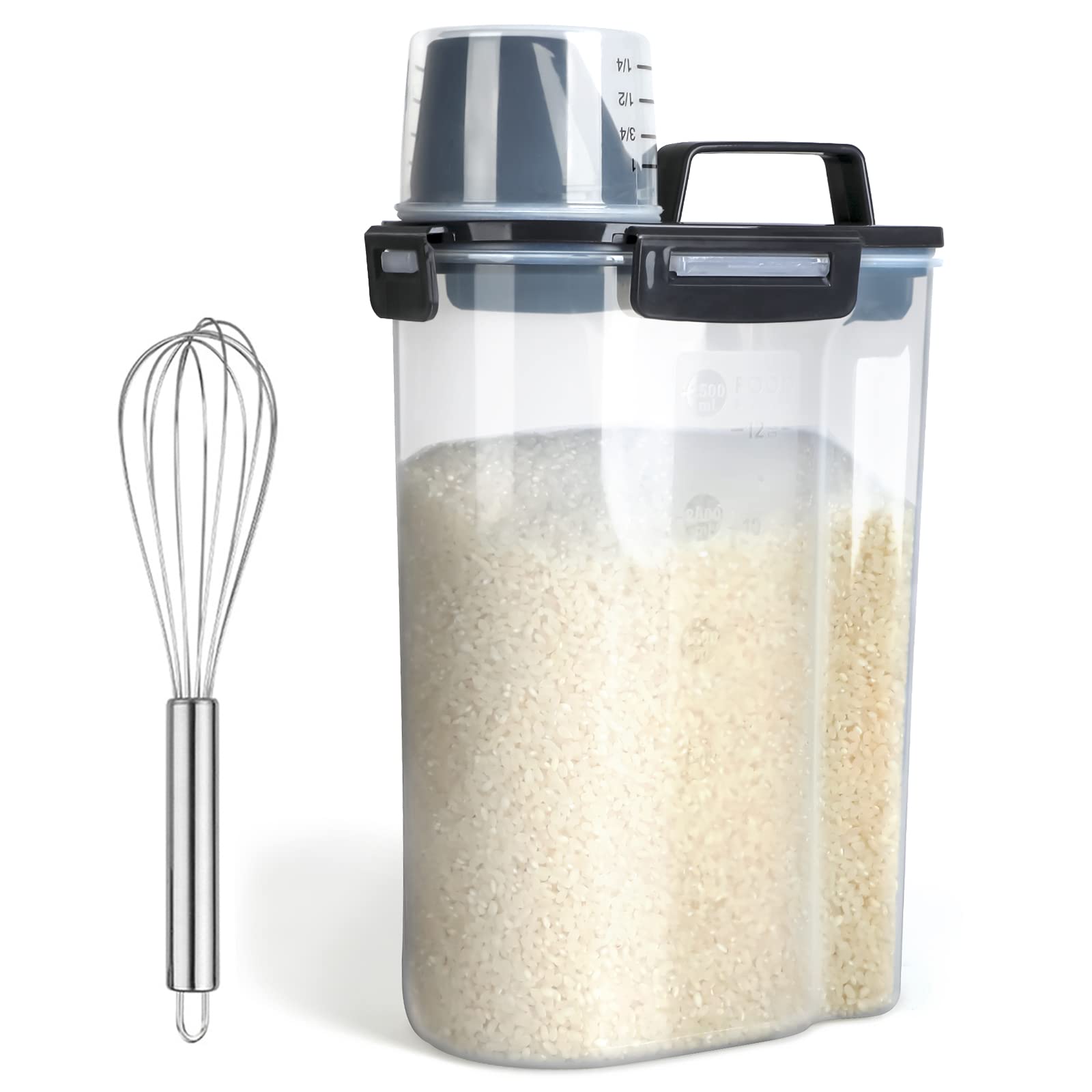 BPA-Free Plastic Rice Storage Containers with Airtight Seal & Pourable Spout - Dry Food Dispenser for Cereal, Flour, Baking Supplies - Includes Measuring Cup & Stainless Steel Whisk - Perfect for Kitchen Pantry Organization & Bulk Food Storage