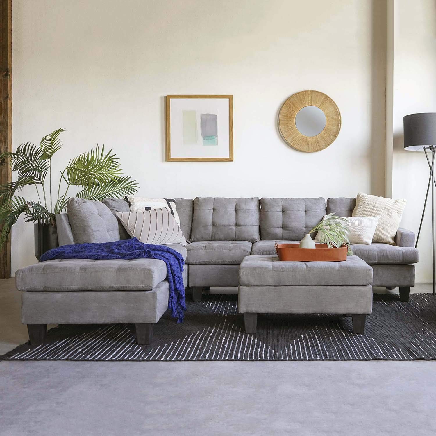 Modern Reversible 3-Piece Sectional Sofa Set with Chaise & Ottoman in Grey Charcoal - Casa Andrea Milano Collection | Perfect for Living Room, Family Room & Home Theater Seating