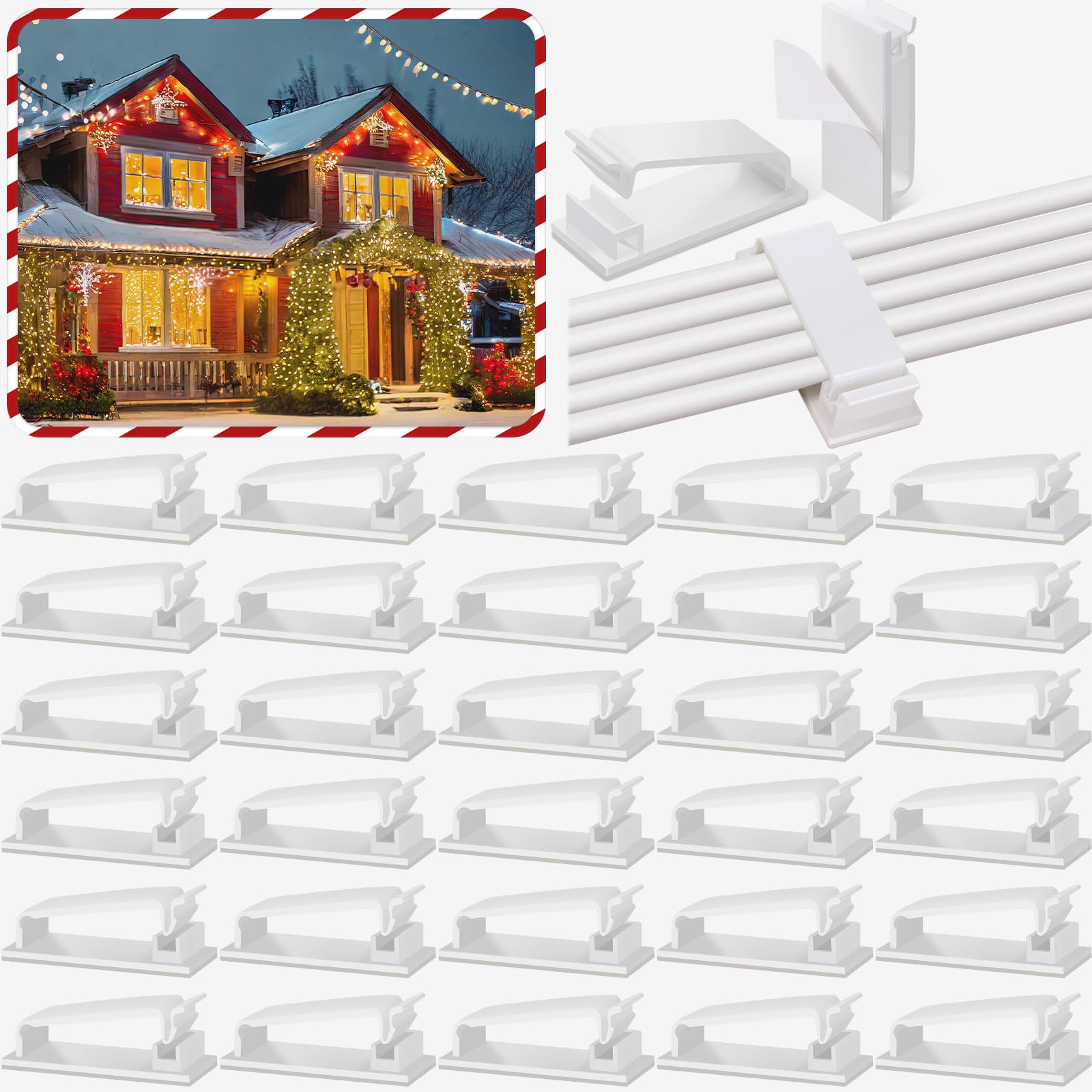 Hicarer 100 Pcs White X-Large Adhesive Cable Clips Hooks - Strong Wire Cord Holders for Outdoor String Lights, Christmas Decorations - Perfect for Wall, Desk, Car, Home and Office Organization