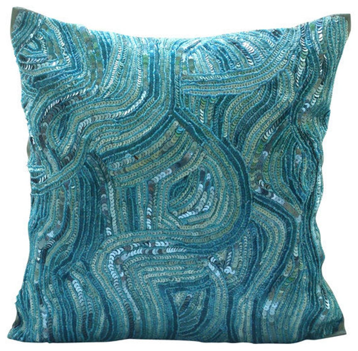 Blue Sequins Beaded Abstract Glitter Pillow Shams 24x24 Inch (60x60 cm) - Sparkly Square Silk Decorative Cushion Cover for Beach House, Bedroom & Coastal Decor - Aqua Infinity Sea Creatures Design