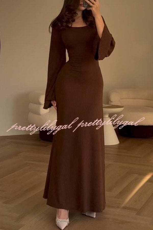 Elegant Ribbed Bell Sleeve Stretch Maxi Dress for Women - Comfortable Long Sleeve Bodycon Dress for Fall/Winter, Date Night & Special Occasions