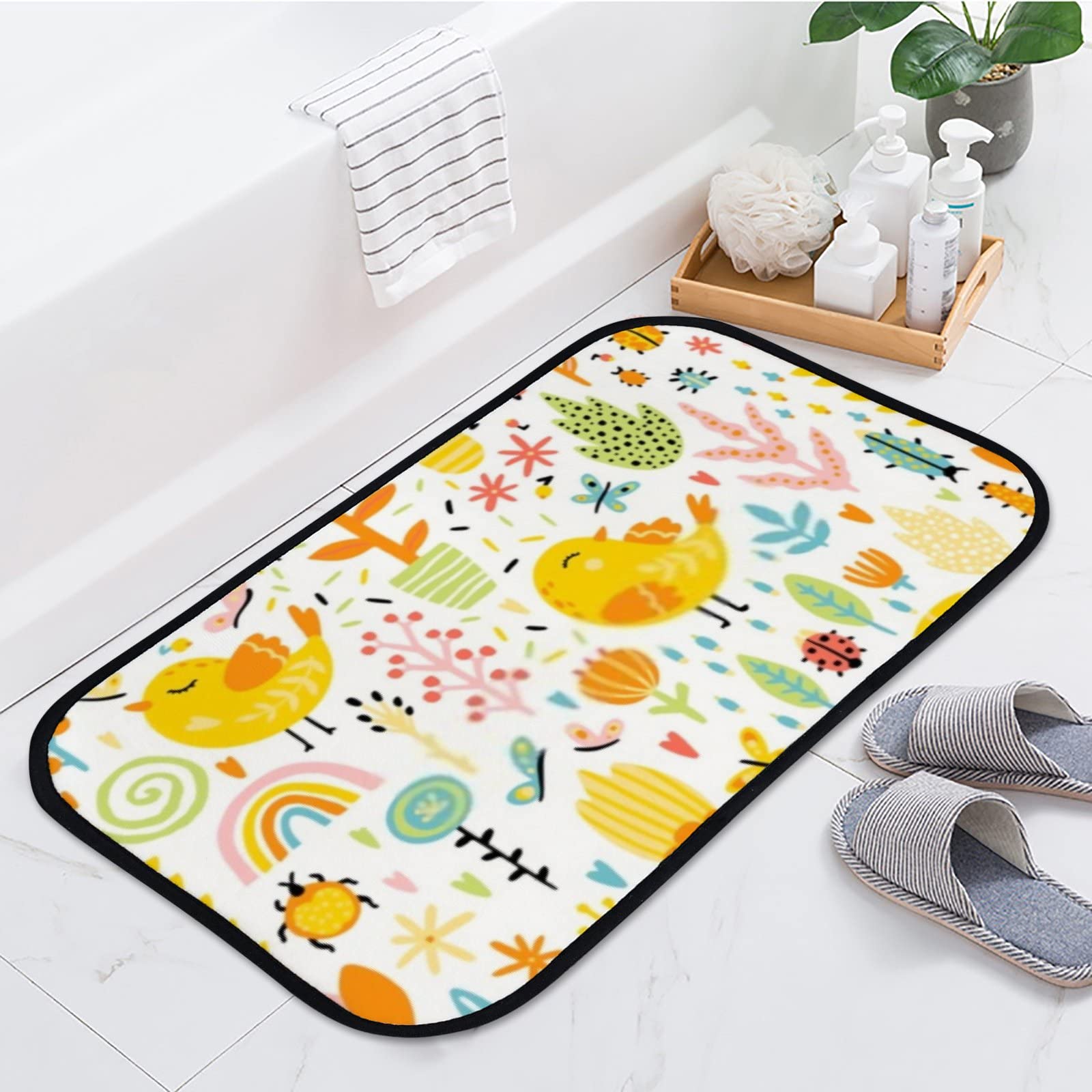 Kuizee Non-Slip Absorbent Bath Mat - 31x20 Inch Cute Cartoon Birds & Chickens Design, Soft Machine Washable Bathroom Rug for Tub/Shower Floor - Perfect for Bathroom Decor, Kids' Room & Spring Home Decoration