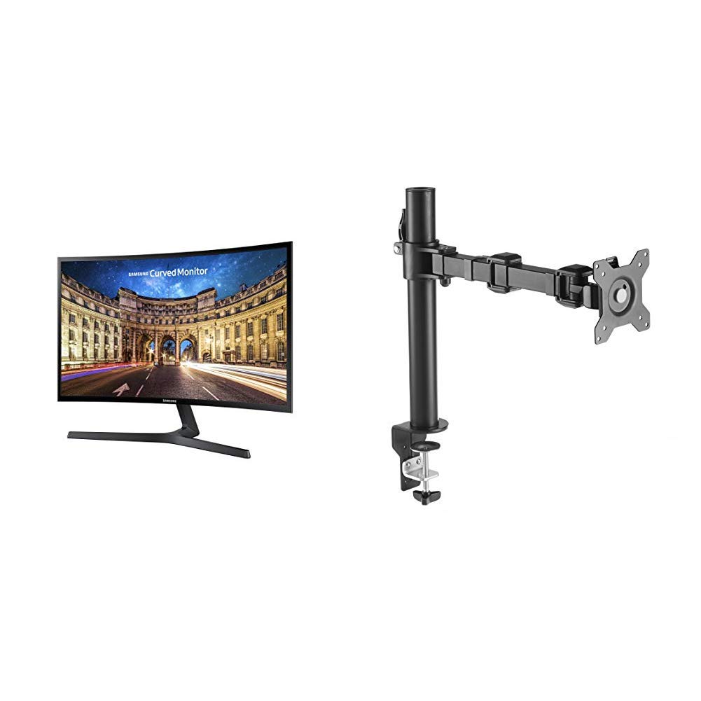 Samsung LC24F396FHNXZA 23.5 Inch Full HD Curved LED Monitor with FreeSync Technology & AmazonBasics Adjustable Monitor Stand - Height Adjustable Steel Arm Mount for Gaming, Office Work, and Home Entertainment (Black)